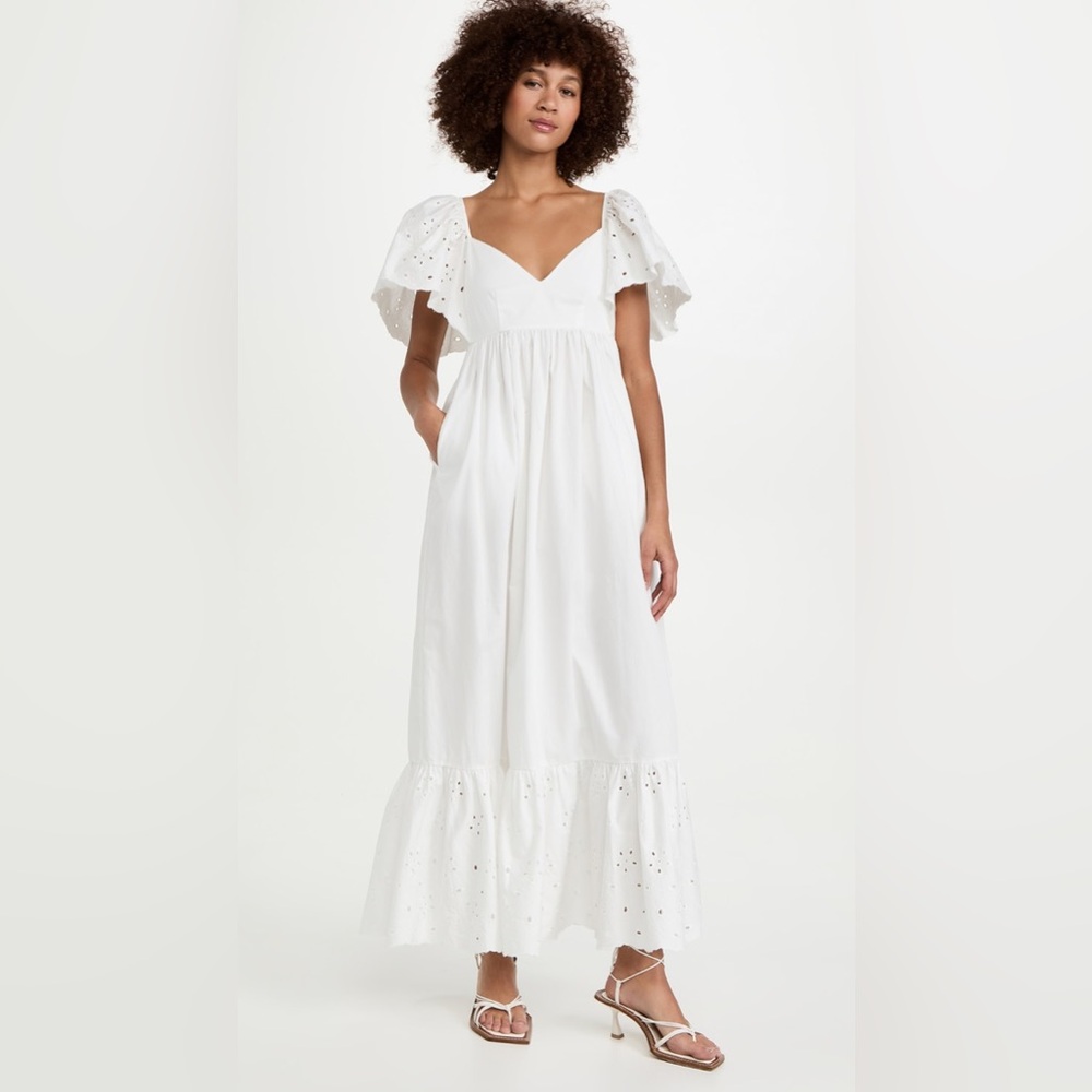 En Saison Women's Barnette‎ Dress Eyelet Flutter Sleeve White Maxi- Size Medium